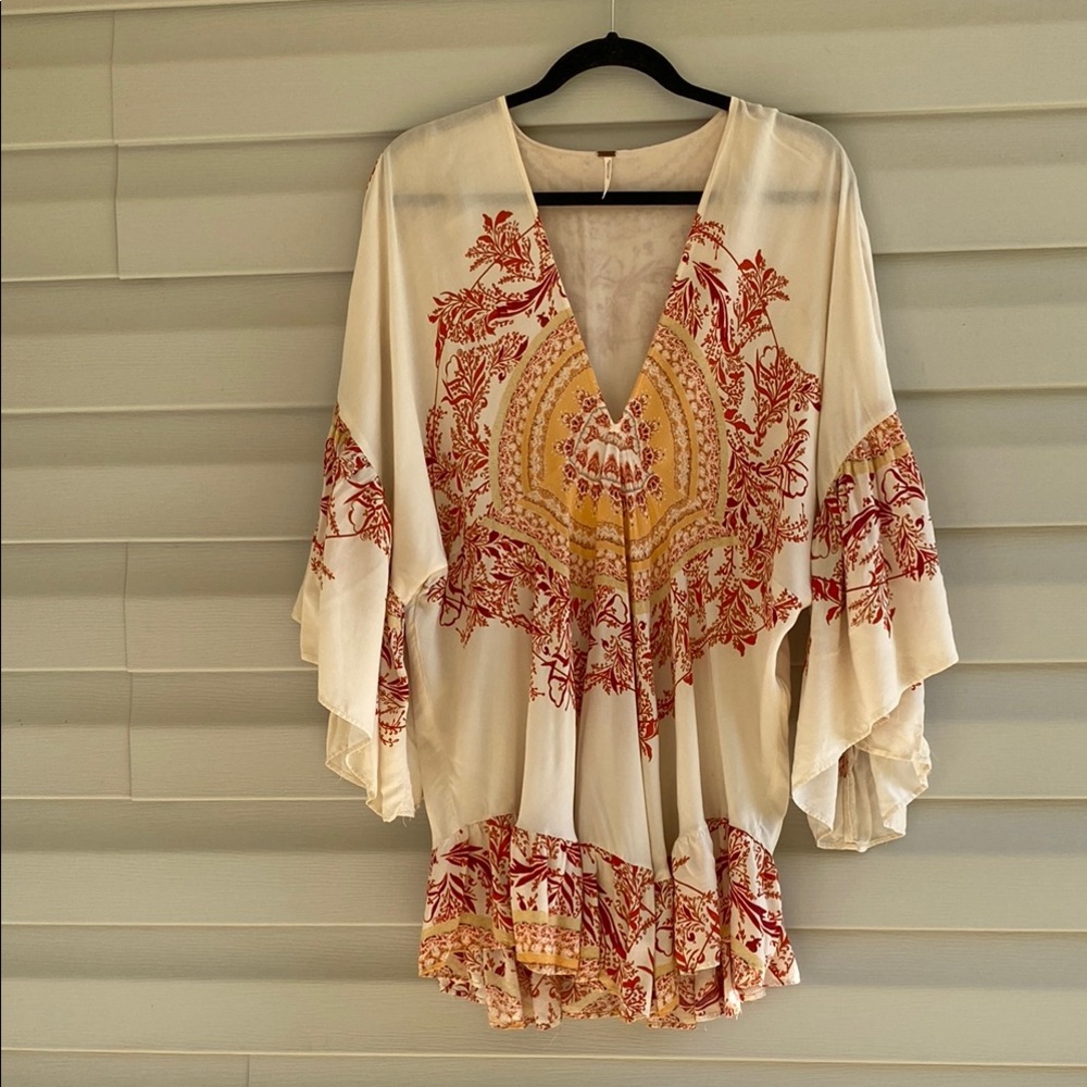 Free People Cream and Burgundy Kimono Flowy Top